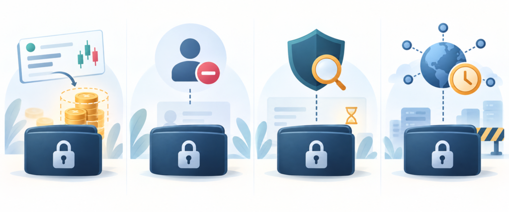 Four categories of Bitget access problems: reserved assets, disabled account, security review, and platform-wide pause.
