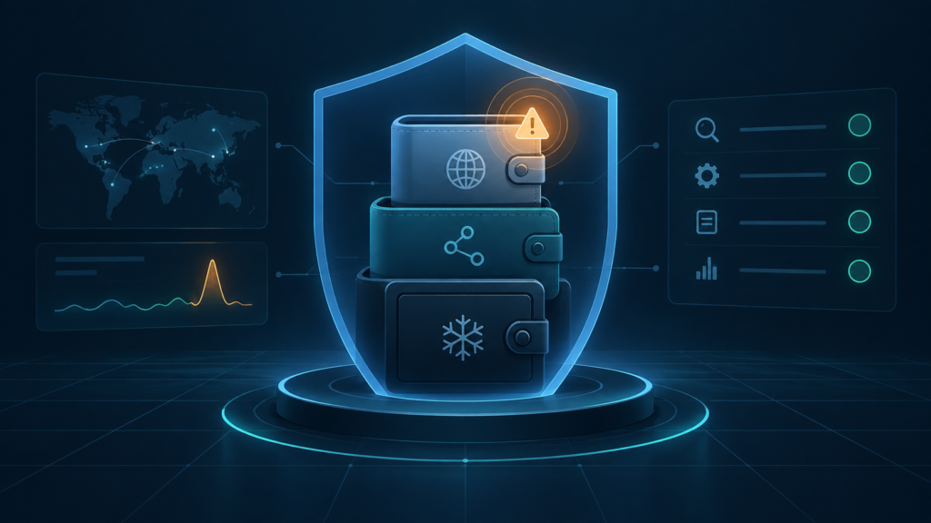 Conceptual illustration of an alert at the online wallet layer, with separate protected wallet layers and a security checklist.