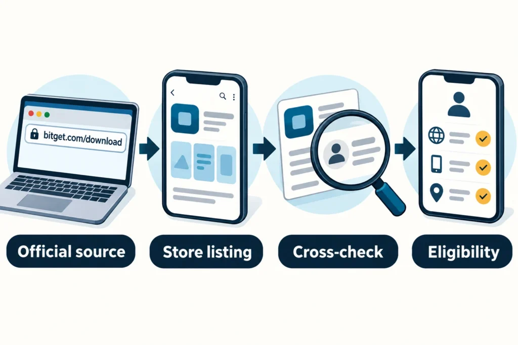 source-checking route: the official website, linked store listing, cross-checks and eligibility are separate steps.