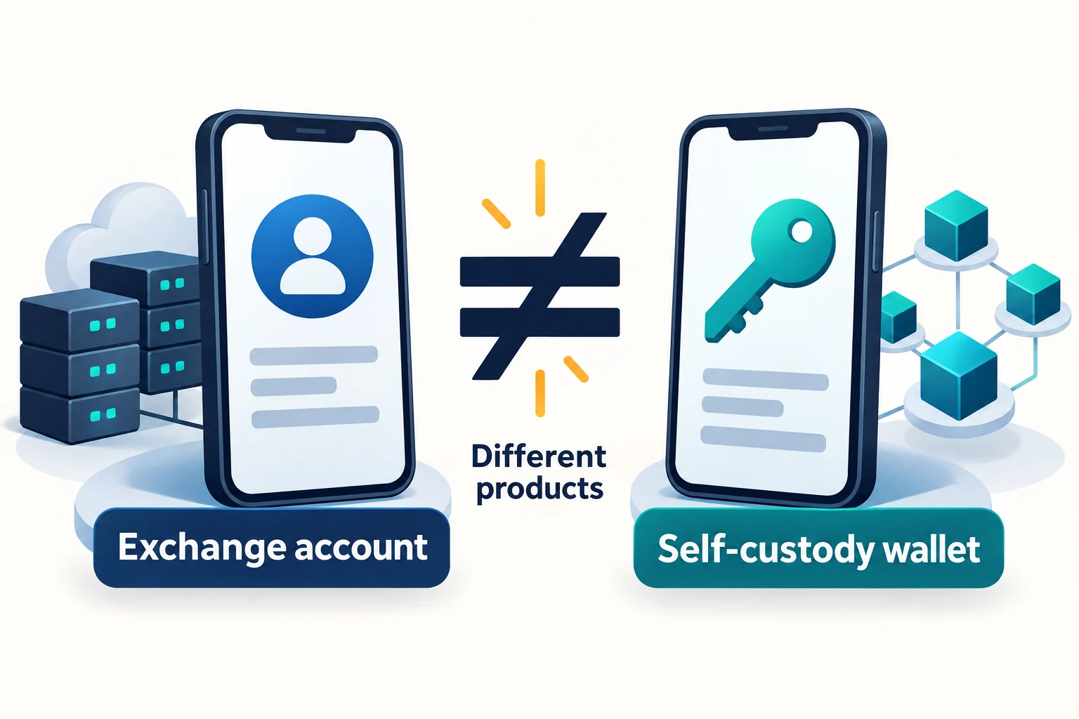 Exchange-account access and a self-custody wallet are different products; this is not a depiction of either live app.