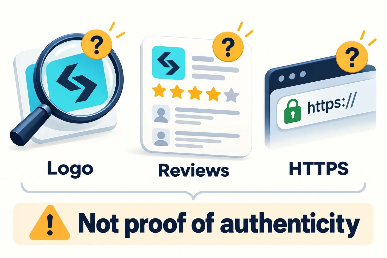 Familiar logos, strong reviews and HTTPS are not standalone proof of authenticity.