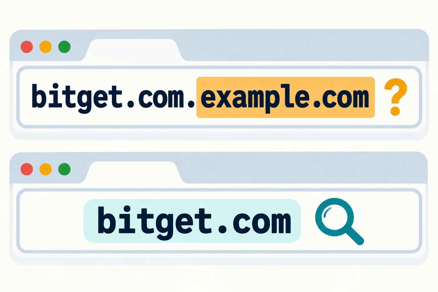 bitget.com.example.com is under example.com, not bitget.com. Read the full host in the browser, not just the brand word.