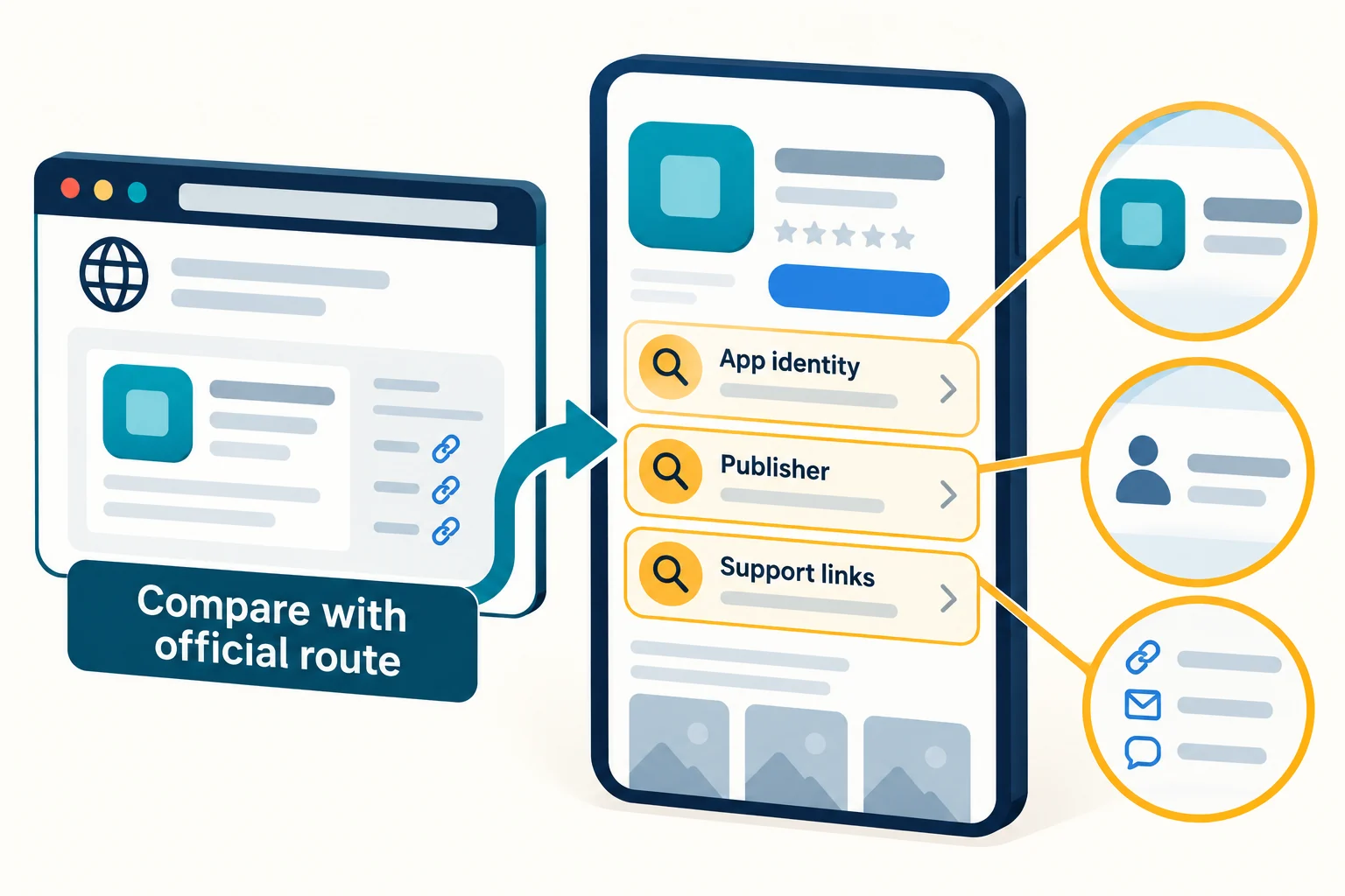 Compare the app identity, publisher and support details with the destination reached from the official route.