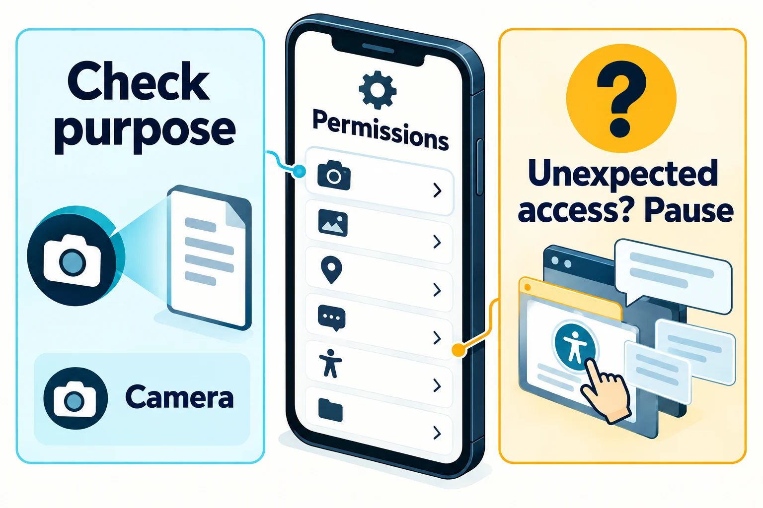 Review why a permission is needed; unexpected access requests warrant a pause rather than automatic approval.