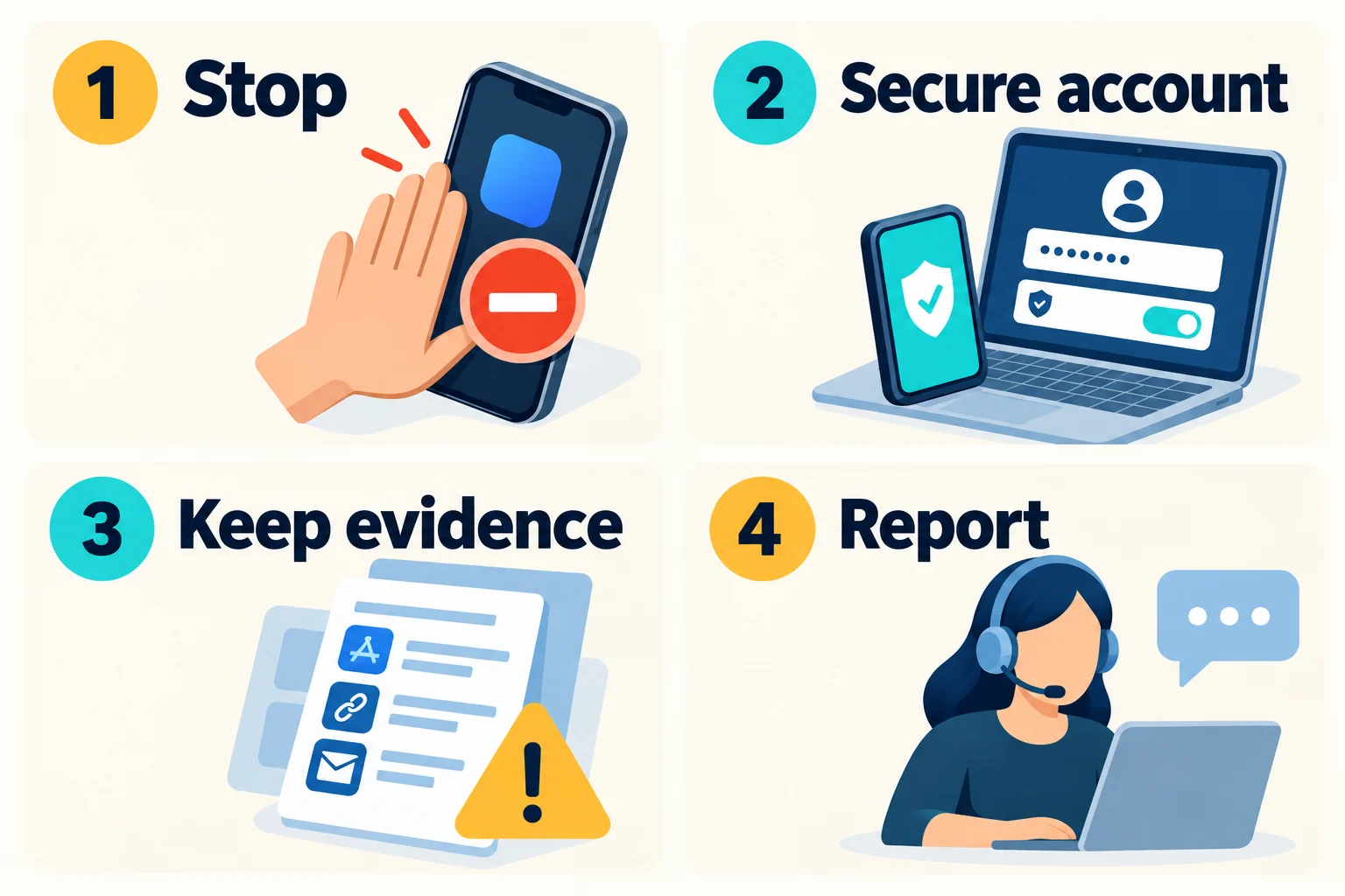 Response overview: stop interacting, secure accounts using a separate clean device, retain evidence and report.