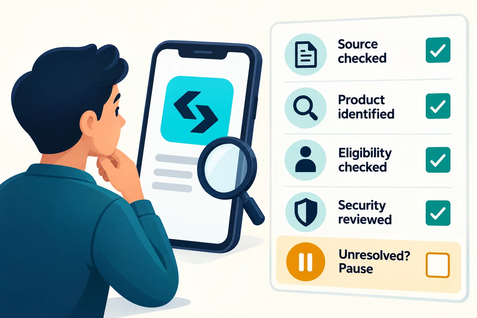 An unresolved source, identity, eligibility or security question is a reason to pause, not a reason to bypass a restriction.