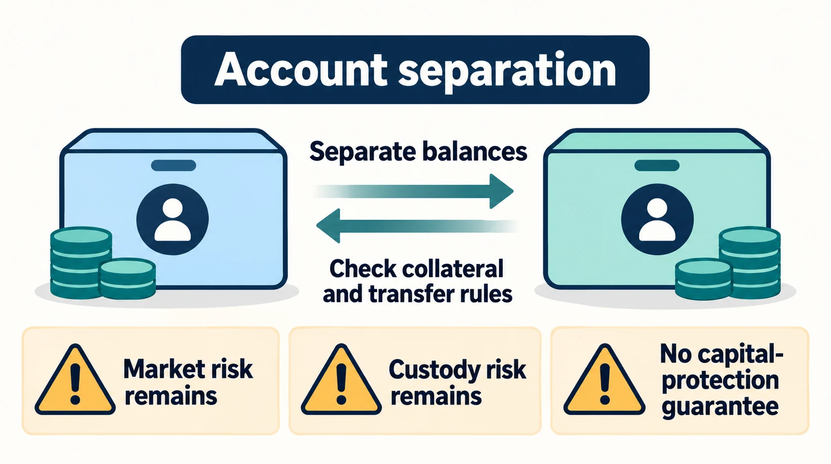 AI conceptual diagram of separate account balances with market and custody risks remaining; account separation is not capital protection.