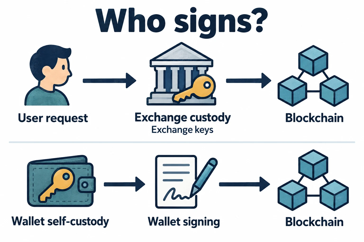 An exchange controls custody keys for withdrawal requests, while a self-custodial wallet signs blockchain transactions through its wallet access method.