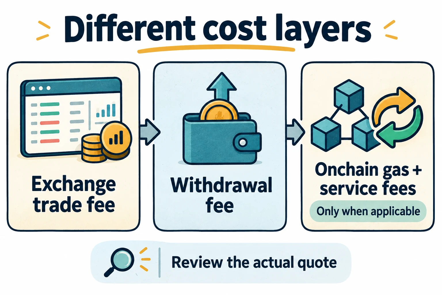 Exchange trading fees, withdrawal fees and onchain gas or service fees are separate cost layers that apply only to relevant actions.