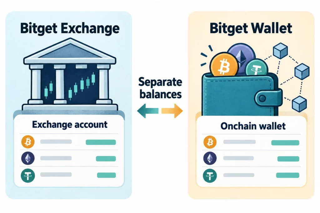 Bitget Exchange account and Bitget Wallet onchain wallet shown as separate products with separate balances.