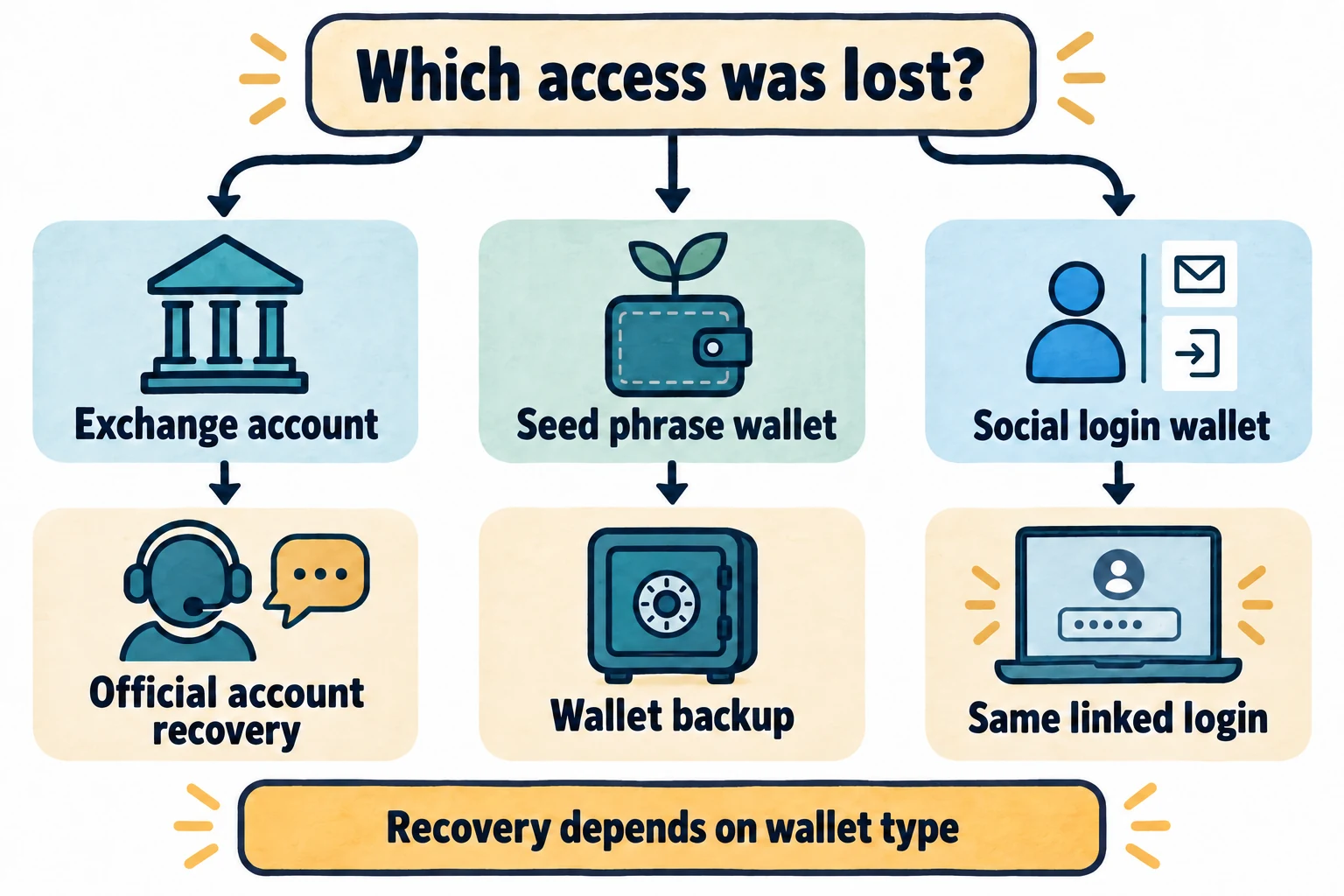 Exchange account recovery, seed phrase wallet backup and the same linked social login are different access recovery routes.
