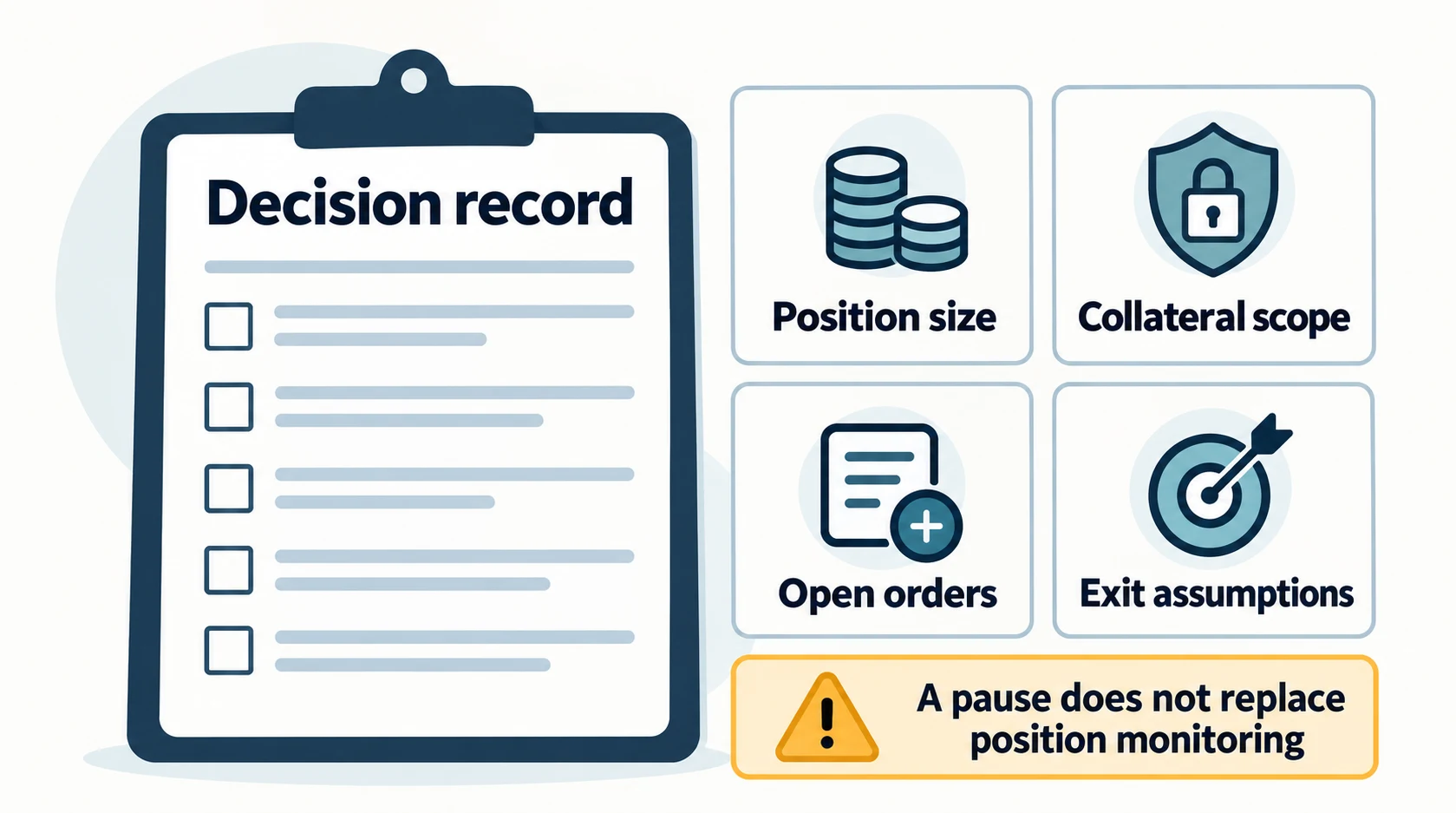 AI decision-record checklist: position size, collateral scope, open orders and exit assumptions; a pause does not replace monitoring.