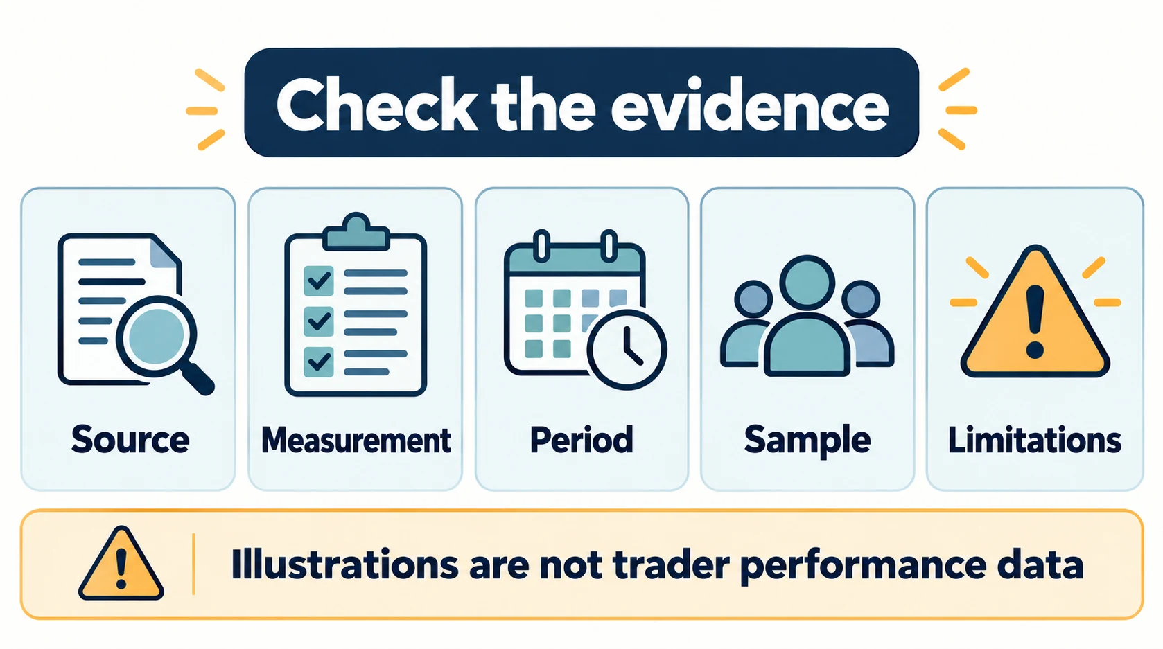 AI evidence checklist covering source, measurement, period, sample and limitations; illustrations are not trader performance data.
